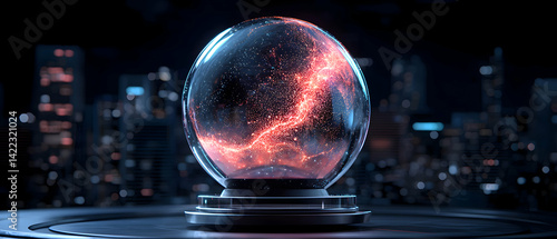 Futuristic crystal ball with vibrant energy swirls set against a blurred cityscape. Use this for sci-fi themes or tech presentations. A visual representation of advanced technology.