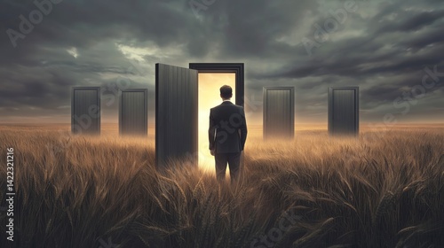 Man in suit stands before portal door in an open field, embodying idea choise, new beginnings and limitless possibilities that lie ahead