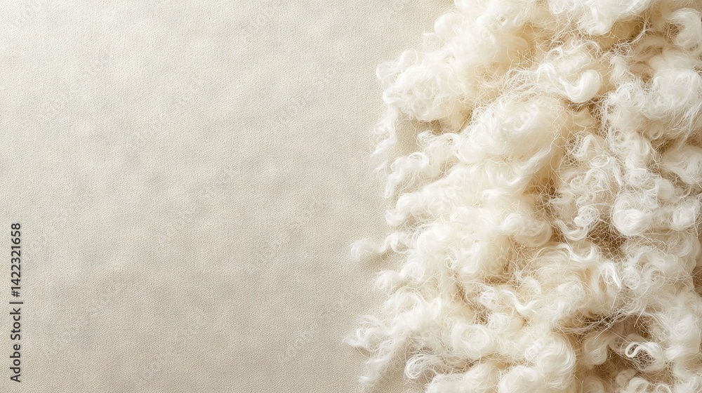   A white heap of wool rests on a white cloth speckled with white yarn