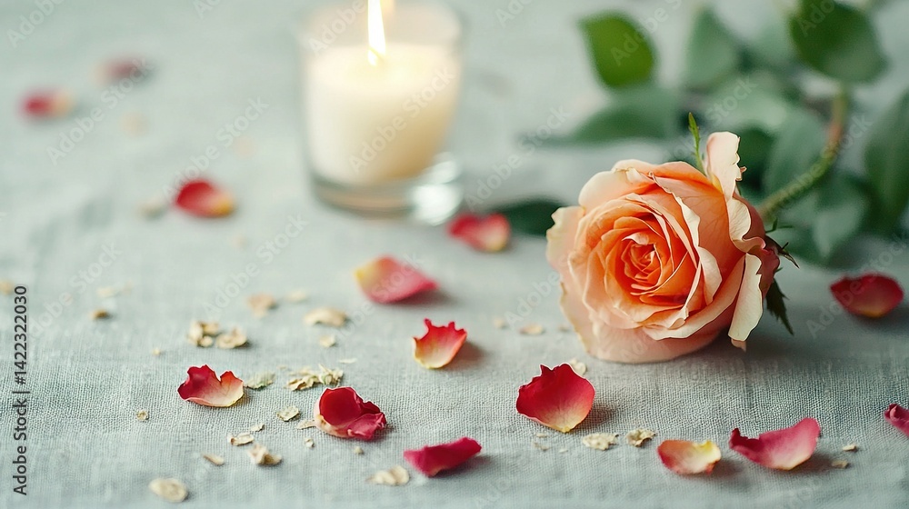 A vase with a single red rose atop a table, surrounded by a glass of water and a flickering candle