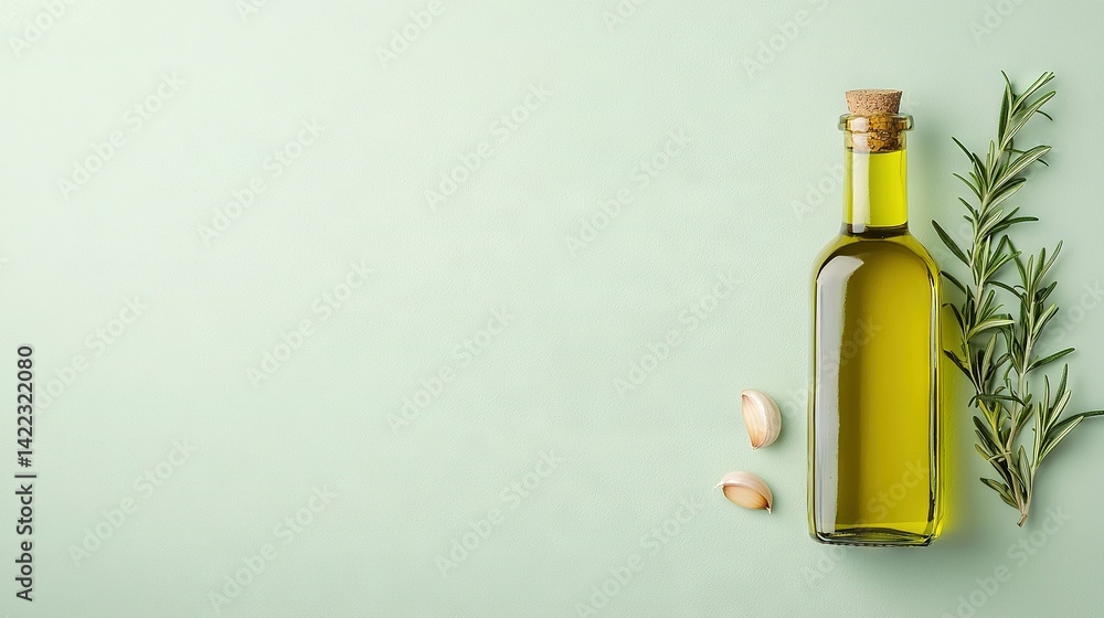 Olive oil bottle with rosemary sprig on pastel green backdrop