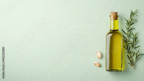 Obraz na płótnie Olive oil bottle with rosemary sprig on pastel green backdrop w salonie
