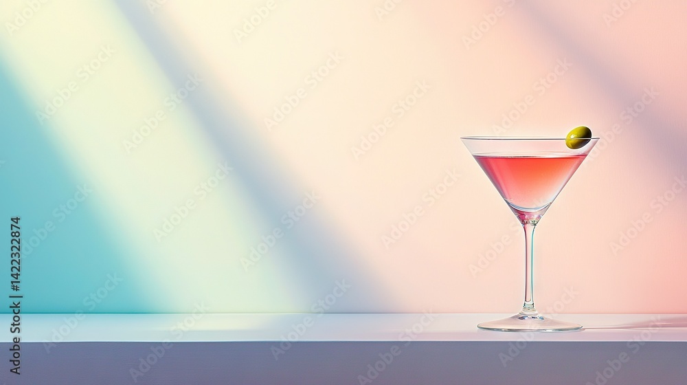 An image of a martini glass filled with liquid and an olive placed in its center, all set against a backdrop of pastel colors