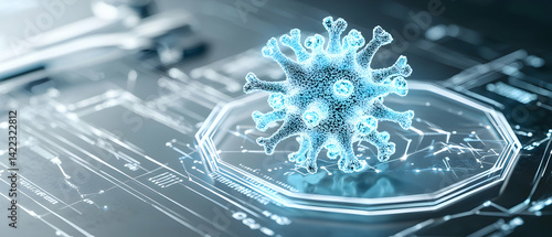 A conceptual digital representation of a virus.  It could be used in medical or scientific presentations about disease or digital technology.
