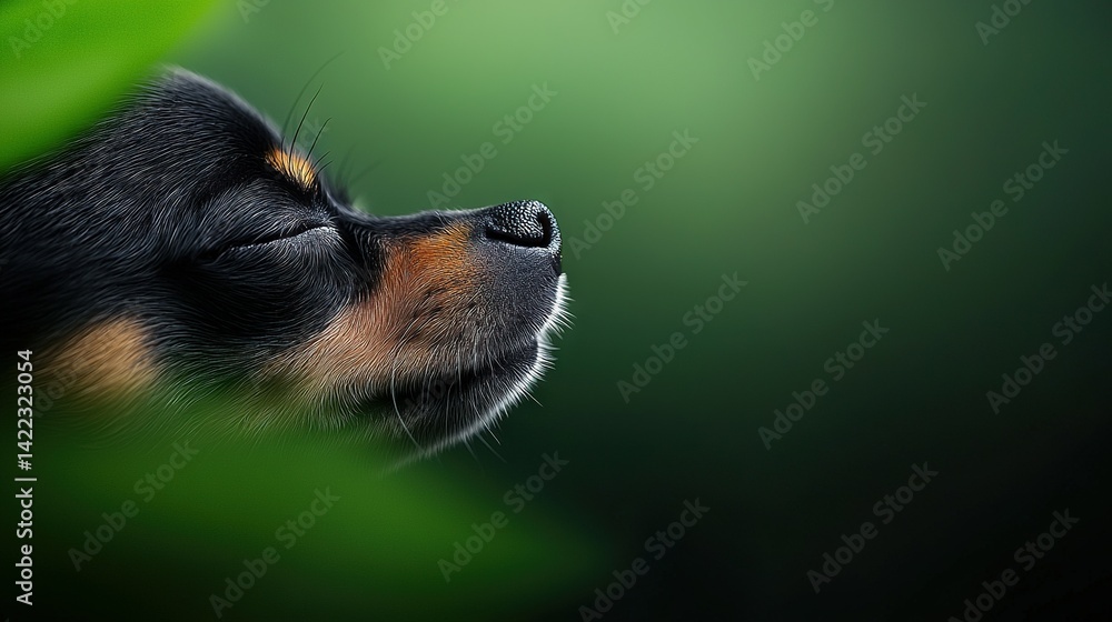 A zoomed-in image of a sleeping dog with its eyes shut and a green foliage in the background