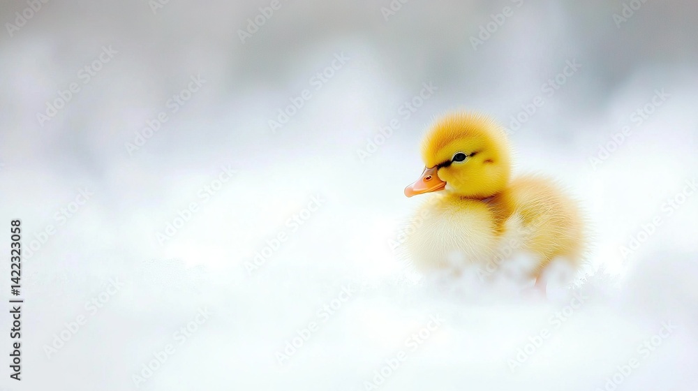 A yellow duckling turns its head to look like it's emerging from the snow