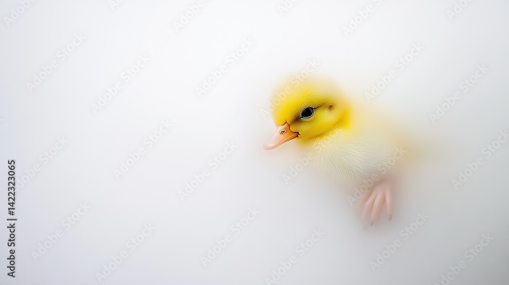 A duckling peeks out from behind the white wall