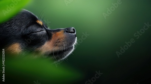 Obraz na płótnie A zoomed-in image of a sleeping dog with its eyes shut and a green foliage in the background w salonie