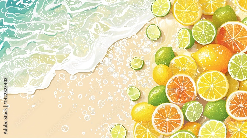 A painting of oranges, lemons, and limes on a beach with a wave in the background