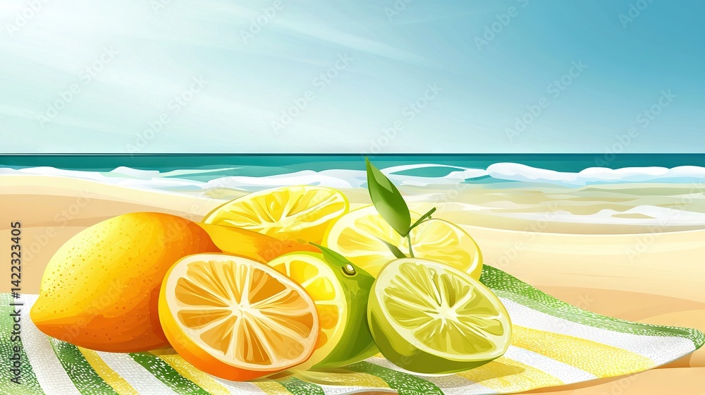 Painting of Lemons and Limes on Towel at Beach with Blue Sky Backdrop