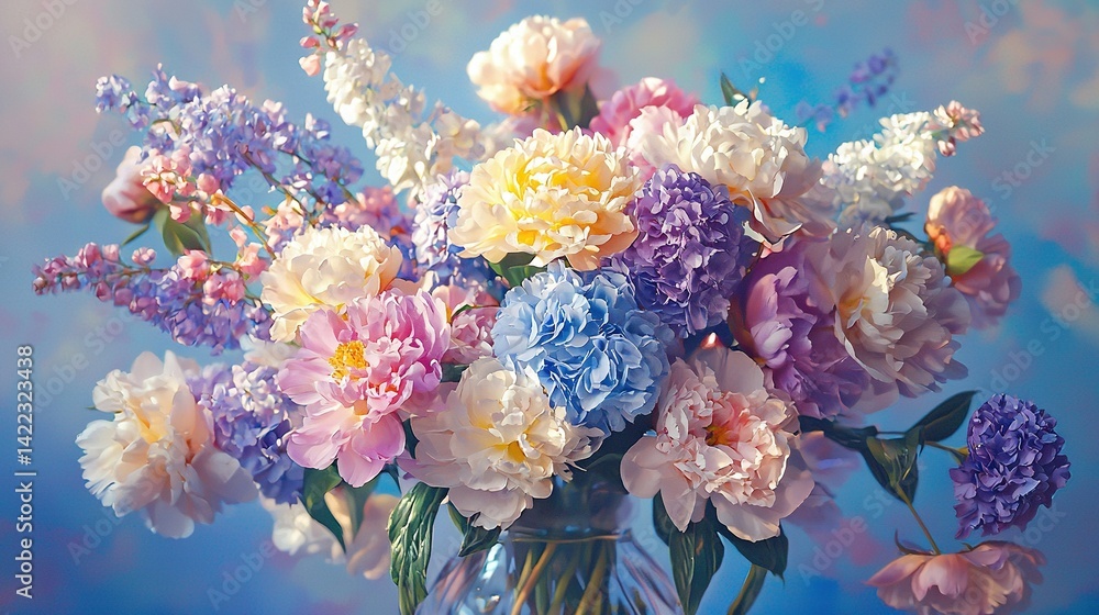 A vase brimming with vibrant blooms rests on a blue-white table, beneath a serene blue sky