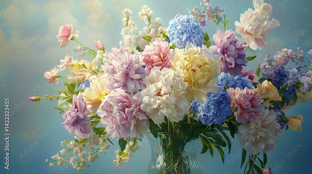 A vase brimming with vibrant blooms atop a blue table, beneath a cloud-dotted blue sky