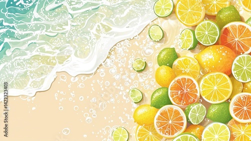 Obraz na płótnie A painting of oranges, lemons, and limes on a beach with a wave in the background w salonie