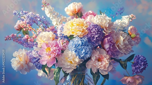 Obraz na płótnie A vase brimming with vibrant blooms rests on a blue-white table, beneath a serene blue sky w salonie