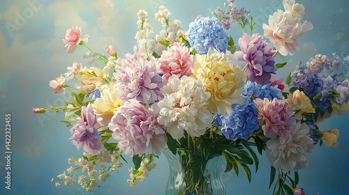 Obraz na płótnie A vase brimming with vibrant blooms atop a blue table, beneath a cloud-dotted blue sky w salonie