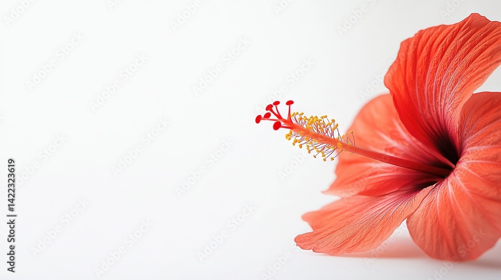 A red bloom against a white backdrop, featuring a protruding crimson stem from the flower's heart