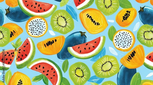 Obraz na płótnie A watermelon, kiwi, and apple slices are shown on a blue background with leaves and flowers w salonie