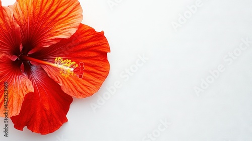   A red and orange flower rests atop a white table, accompanied by a red and yellow blossom on a nearby white surface