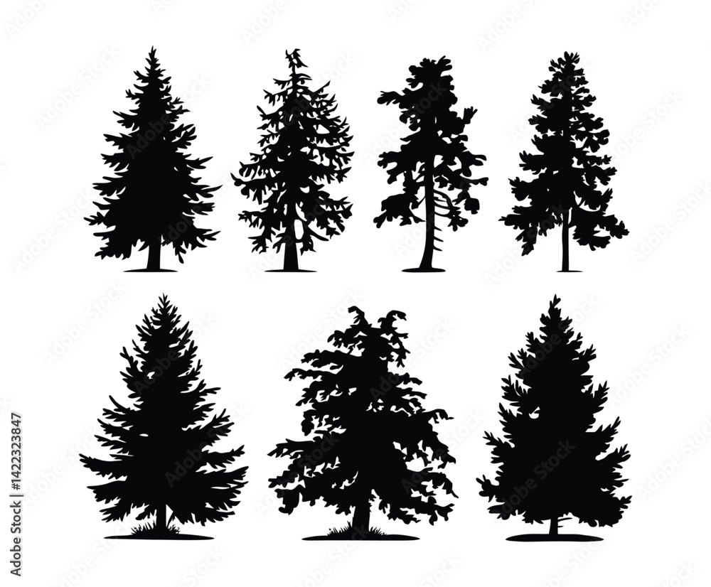 Fototapeta premium Cedar Tree Silhouette Isolated Template Set