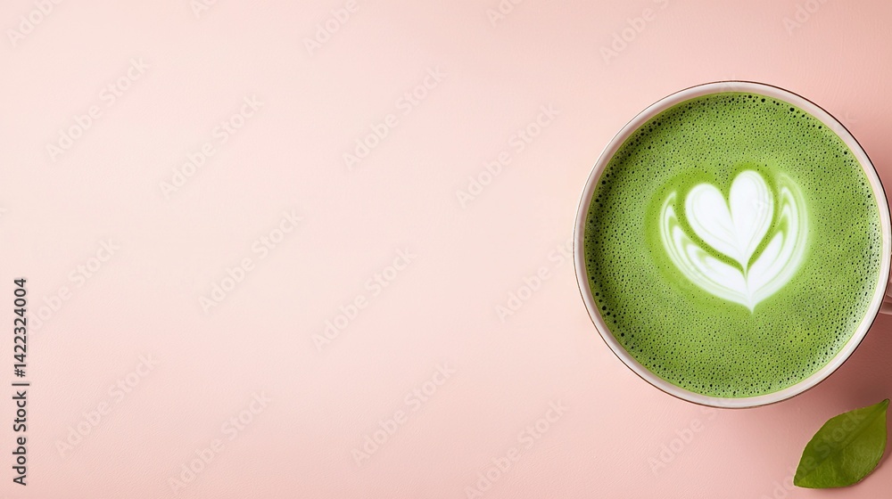A cup of green tea with a heart drawn on a pink surface and a green leaf beside it