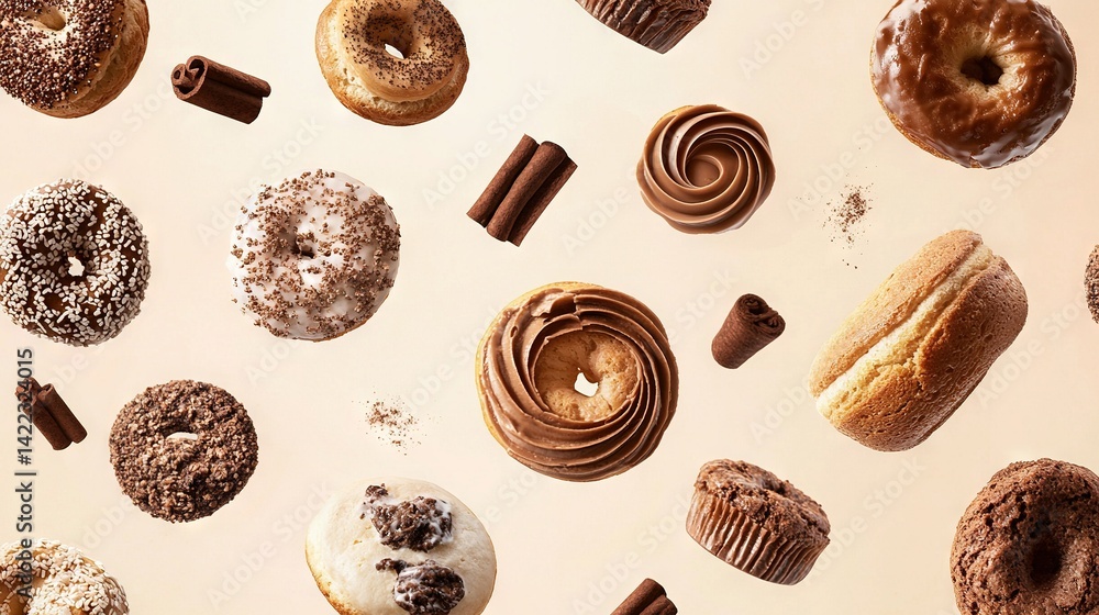 White table with chocolate frosting, sprinkles, various doughnut types on top