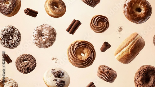 Obraz na płótnie White table with chocolate frosting, sprinkles, various doughnut types on top w salonie