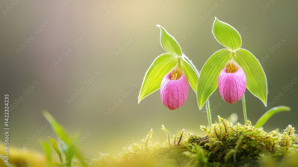 A few pink flowers rest atop a lush green moss carpet, alongside a leafy green plant