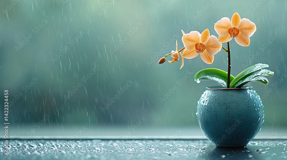 A blue vase brimming with yellow blossoms perched atop a window sill, framing a rain-drenched window