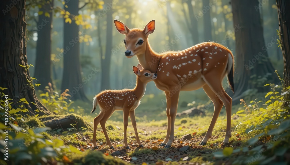 Tender Moment Between Deer in Serene Forest Setting at Dusk Tender Moment Between Deer in Serene Forest Setting at Dusk