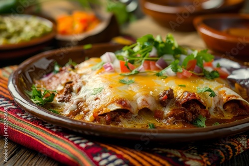 Wallpaper Mural A plate of enchiladas with melted cheese and tender meat on a colorful napkin, Layers of melted cheese and tender meat in a decadent enchilada Torontodigital.ca