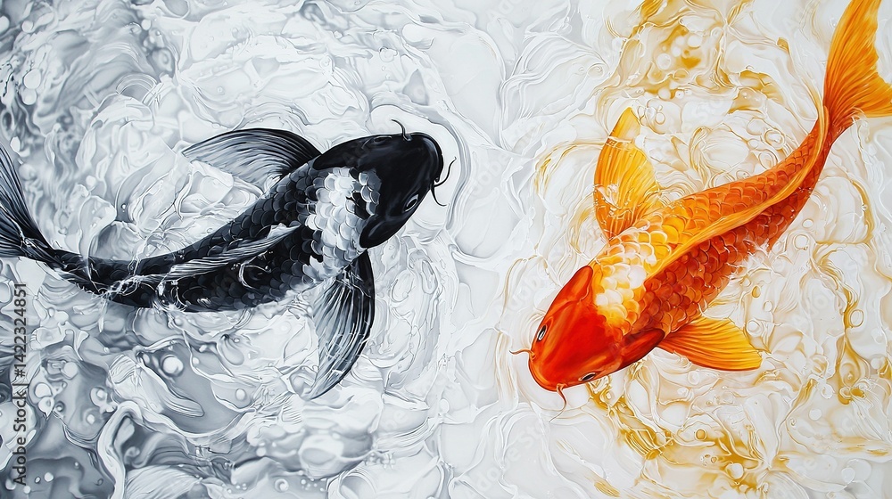 A pair of goldfish swimming together in a waterbody against a white backdrop
