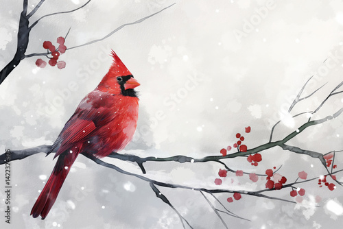 Cardinal bird in snowy landscape with red berries. Tranquil winter illustration.