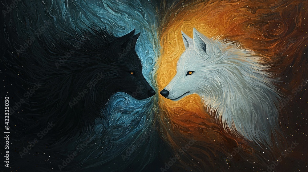 Two black and white wolves face each other against a vibrant yellow and blue sky in a captivating painting