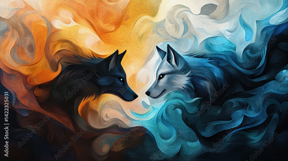A painting depicts two black-and-white wolves standing against an orange, blue, yellow, and white backdrop