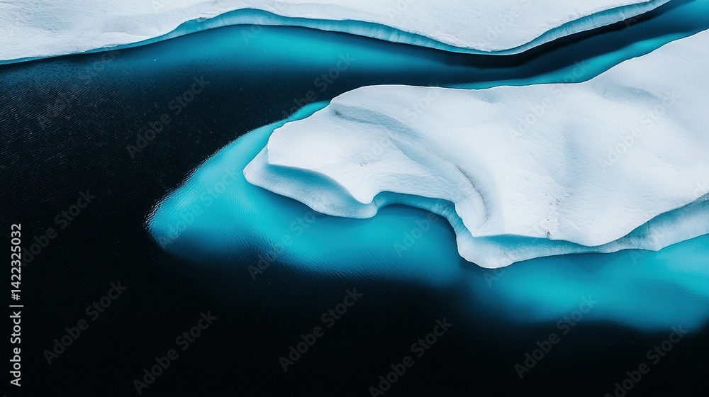 An iceberg floating in the middle of a body of water, surrounded by a smaller iceberg