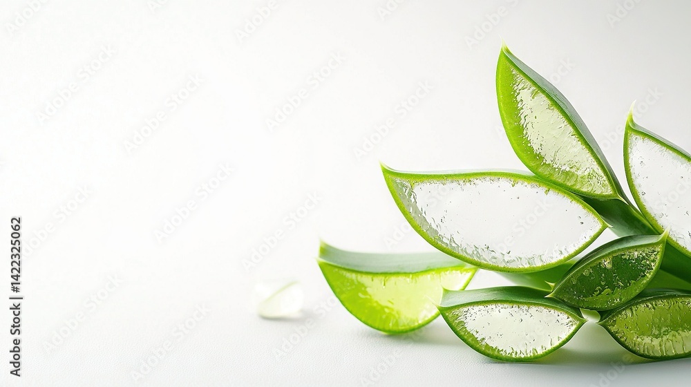 Green plant on white background with water droplets on leaves and petals in close-up
