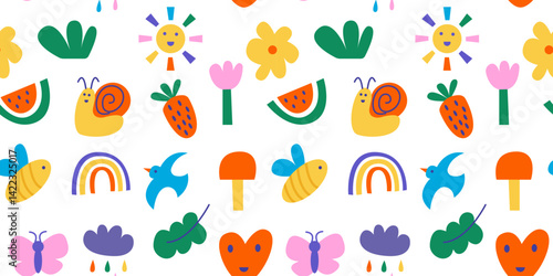 Children's summer seamless pattern, created with a hand-drawn rainbow, sun, flowers and strawberries, is available for use on fabric, packaging. Cute naive cutout elements and doodle organic shapes.