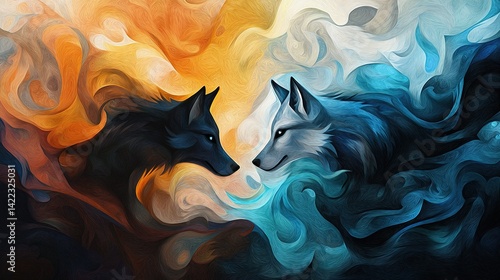 Obraz na płótnie A painting depicts two black-and-white wolves standing against an orange, blue, yellow, and white backdrop w salonie