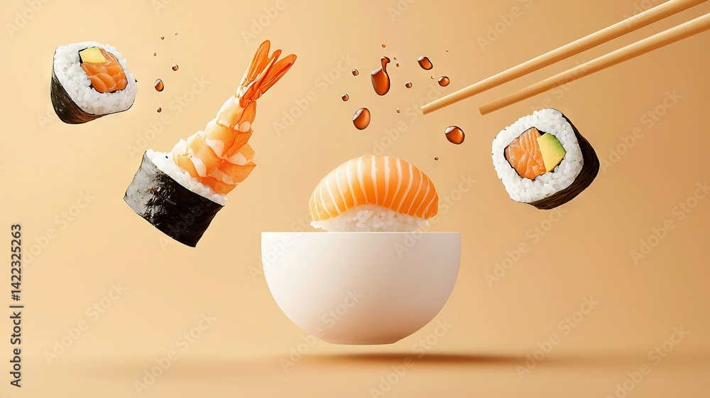 Sushi bowl flying with chopsticks