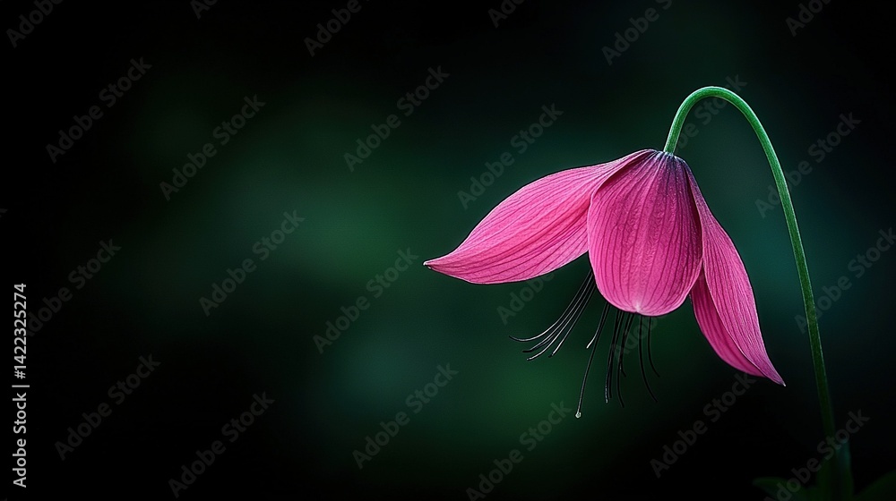 A pink flower in focus with a green stem against a dark background