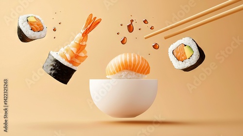 Obraz na płótnie Sushi bowl flying with chopsticks w salonie