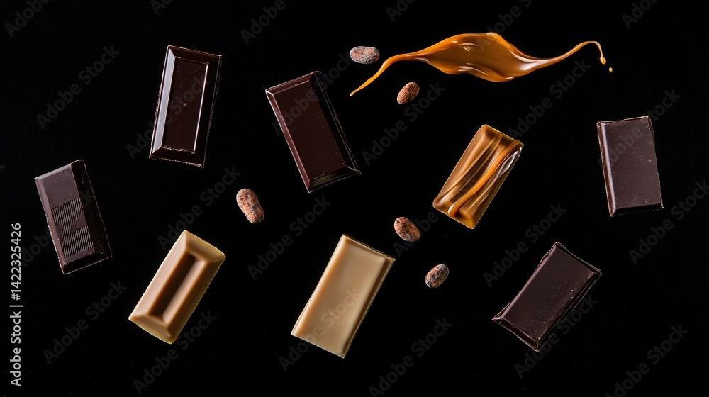 Chocolates, nuts, and caramel on a black background with a splash of caramel