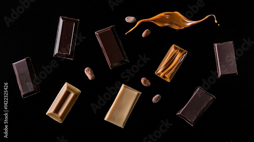 Obraz na płótnie Chocolates, nuts, and caramel on a black background with a splash of caramel w salonie