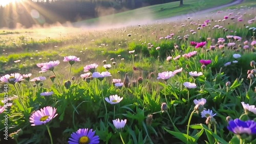 Beautiful wildflowers blooming in a sunny meadow with mist at sunrise
