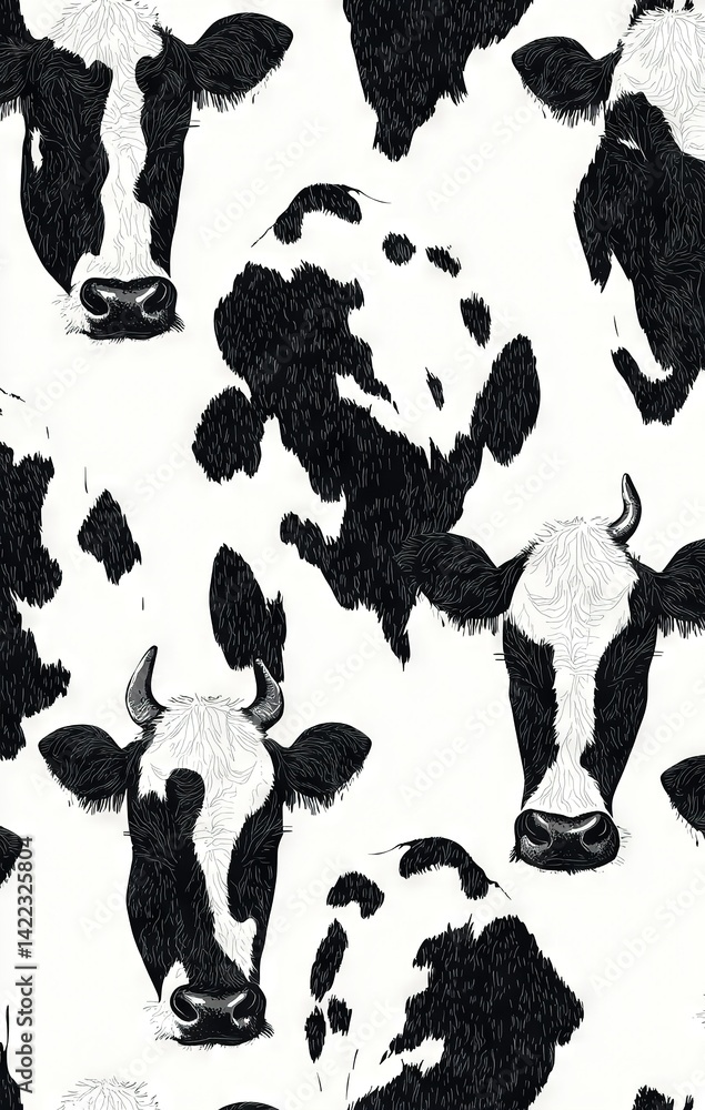 A monochromatic depiction of a cow's head adorned with numerous dark and white dots