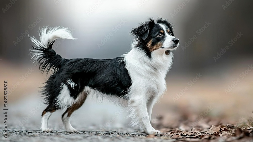 A dog standing atop a leaf-covered ground, surrounded by a blurry sky in various colors