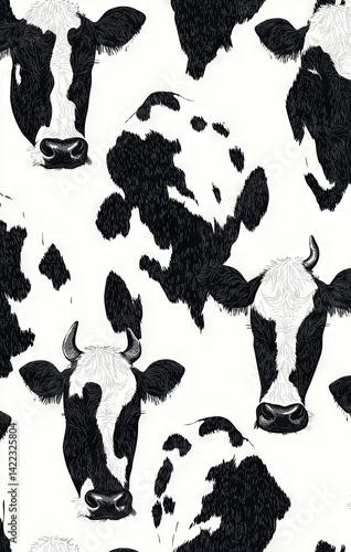   A monochromatic depiction of a cow's head adorned with numerous dark and white dots