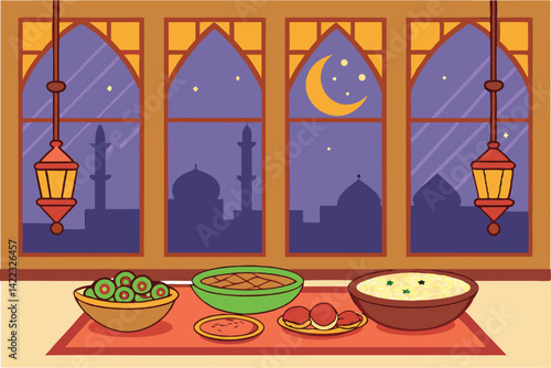 Festive Dinner Under Crescent Moon Cultural Celebration Illustration