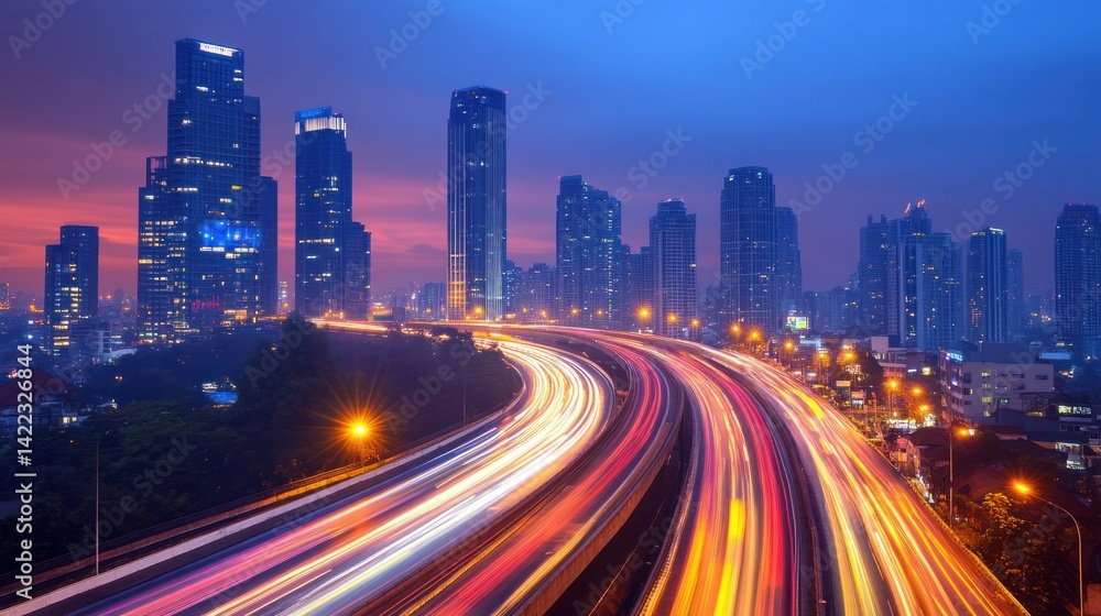 City Highway Dusk Skyline Traffic Trails City Highway Dusk Skyline Traffic Trails