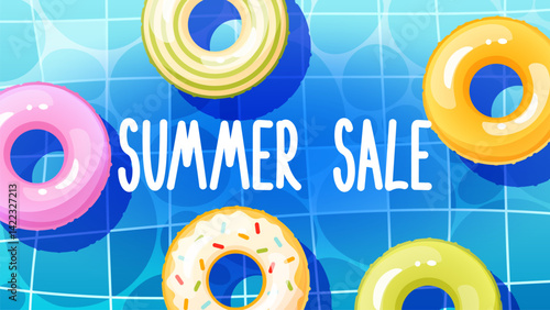 Summer swimming pool horizontal background with text summer sale, pweb page, poster. Multicolored inflatable circles floating on the surface of the water, top view. Lifebuoy for the ocean, sea.